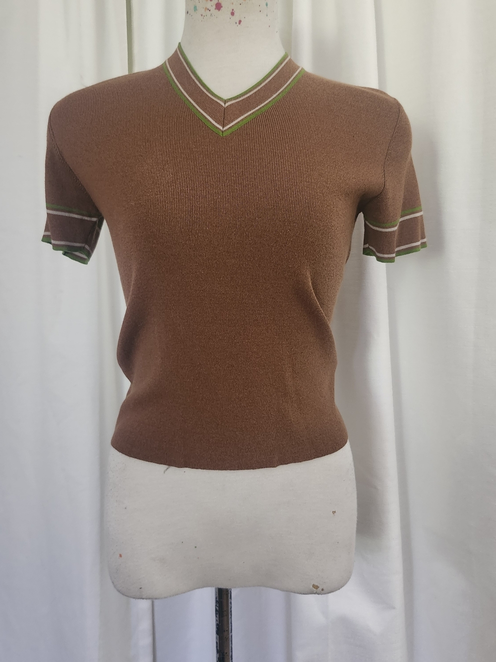 Prada Brown Short-Sleeve V-Neck Knot Top with Green Trim